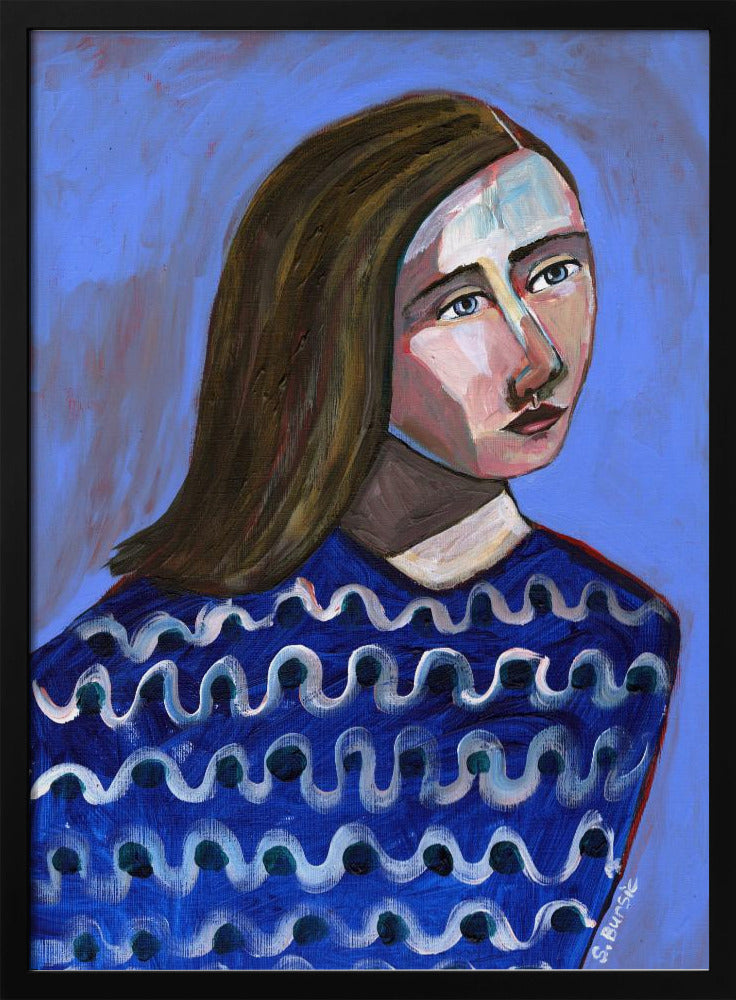Woman in Blue Sweater Naive Portrait Figurative | Poster