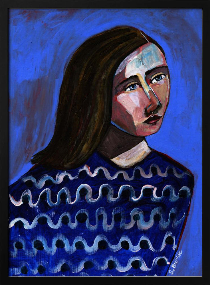 Woman in Blue Sweater Naive Portrait Figurative | Poster