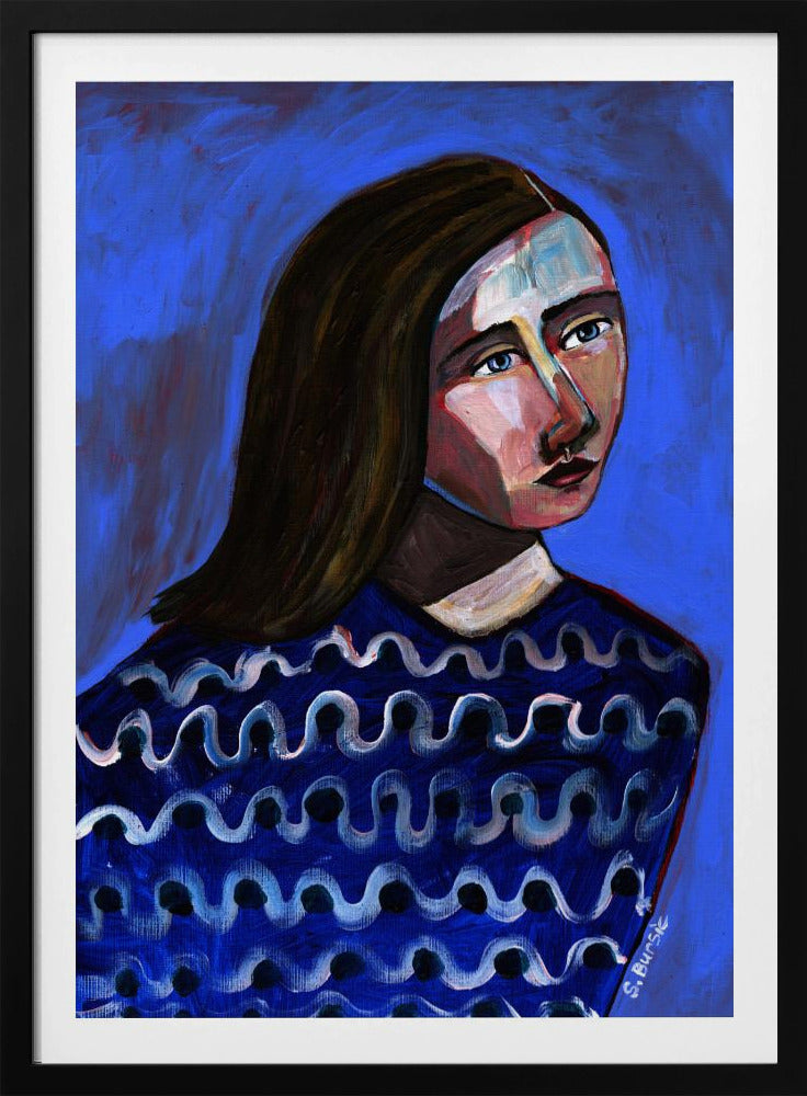 Woman in Blue Sweater Naive Portrait Figurative | Poster