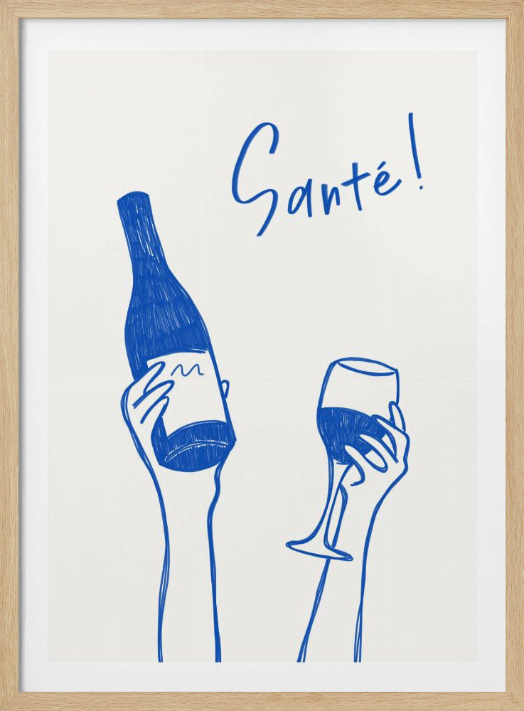 Hands holding a wine bottle and a wine glass with the text "Cheers!" in French | Poster