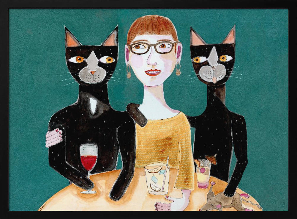 Lady with her two black cats having drinks | Poster
