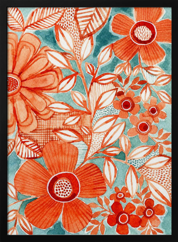 Red Daisies With Aqua | Poster