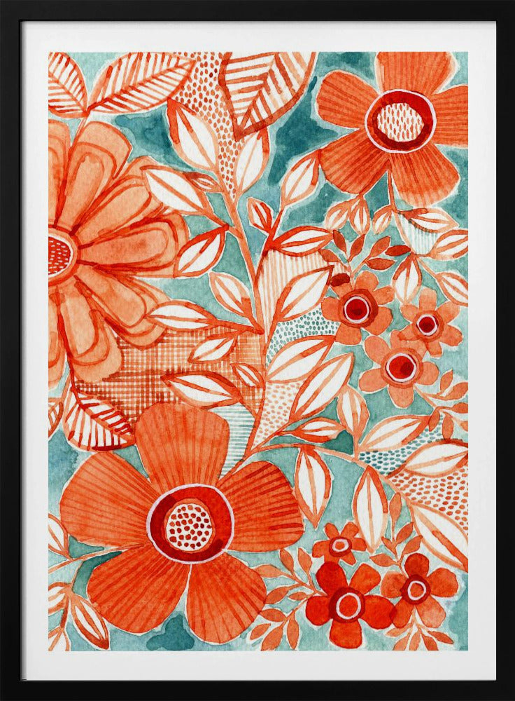 Red Daisies With Aqua | Poster