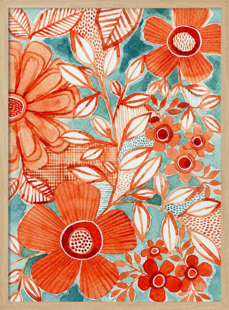 Red Daisies With Aqua | Poster