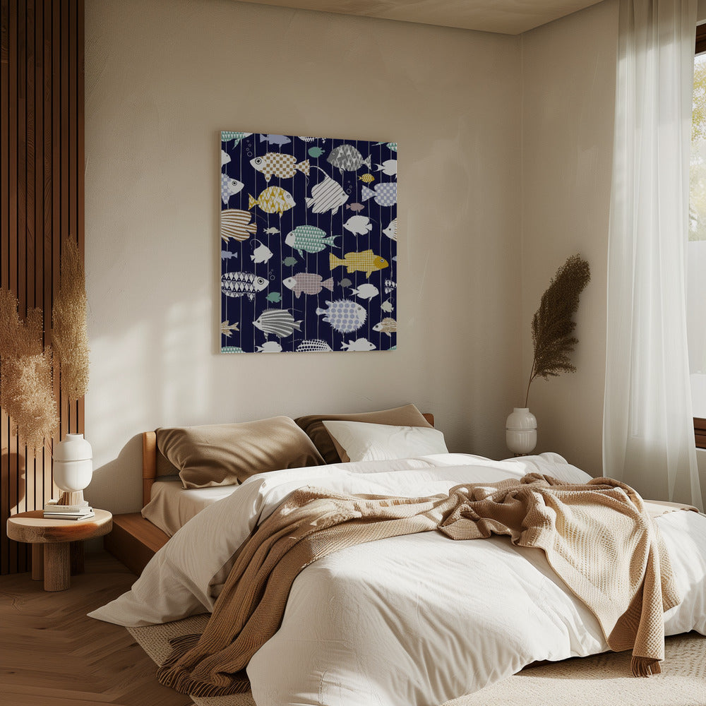 Fresh fish on dark navy blue pattern | Canvas