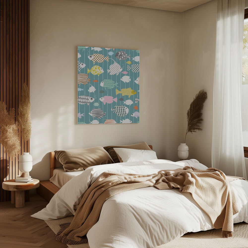 Fresh fish on teal pattern | Canvas