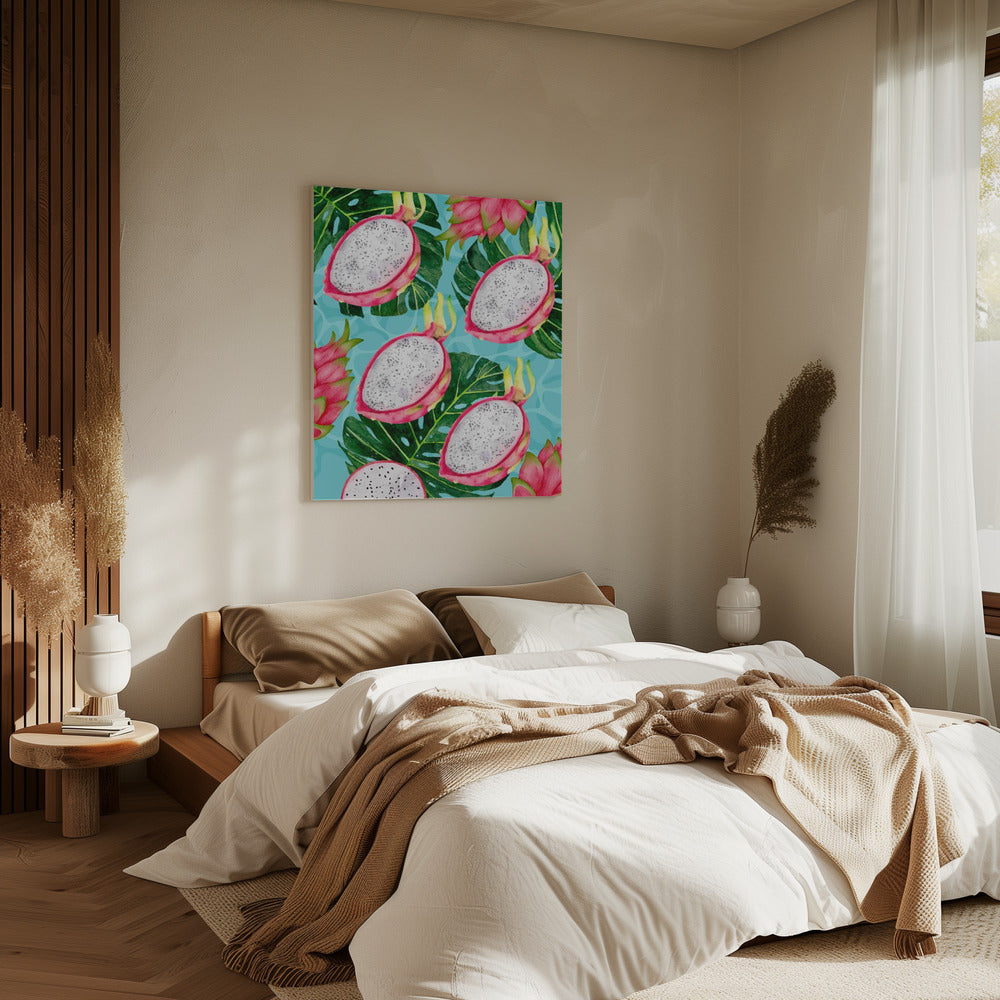 Vibrant Dragon Fruit & Monstera Leaves Aesthetic Pattern - Exotic Tropical watercolor | Canvas