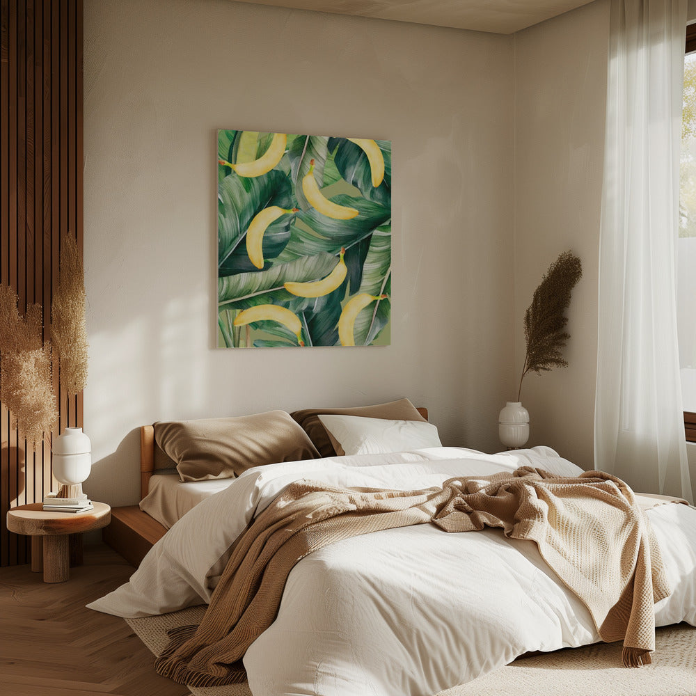 Fresh Banana & Lush Tropical Leaves Aesthetic Pattern - Natural Watercolor Design | Canvas