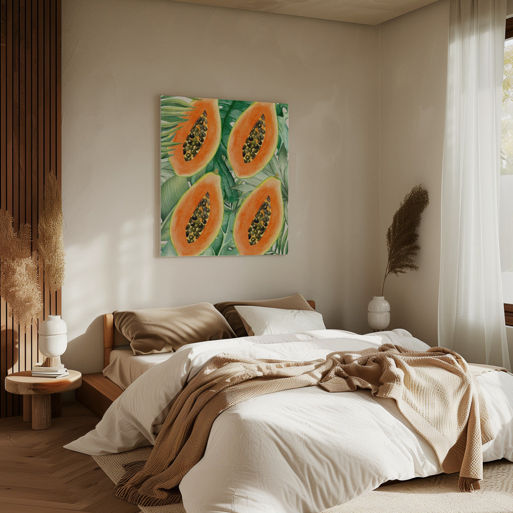 Exotic Papaya and Lush Green Leaves Aesthetic Pattern - Tropical Botanical Watercolor | Canvas