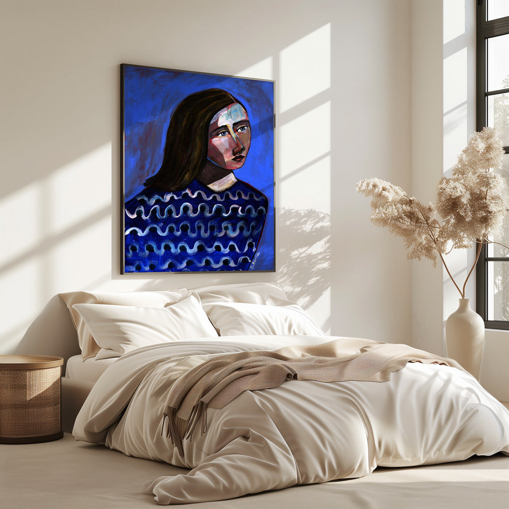 Woman in Blue Sweater Naive Portrait Figurative | Poster