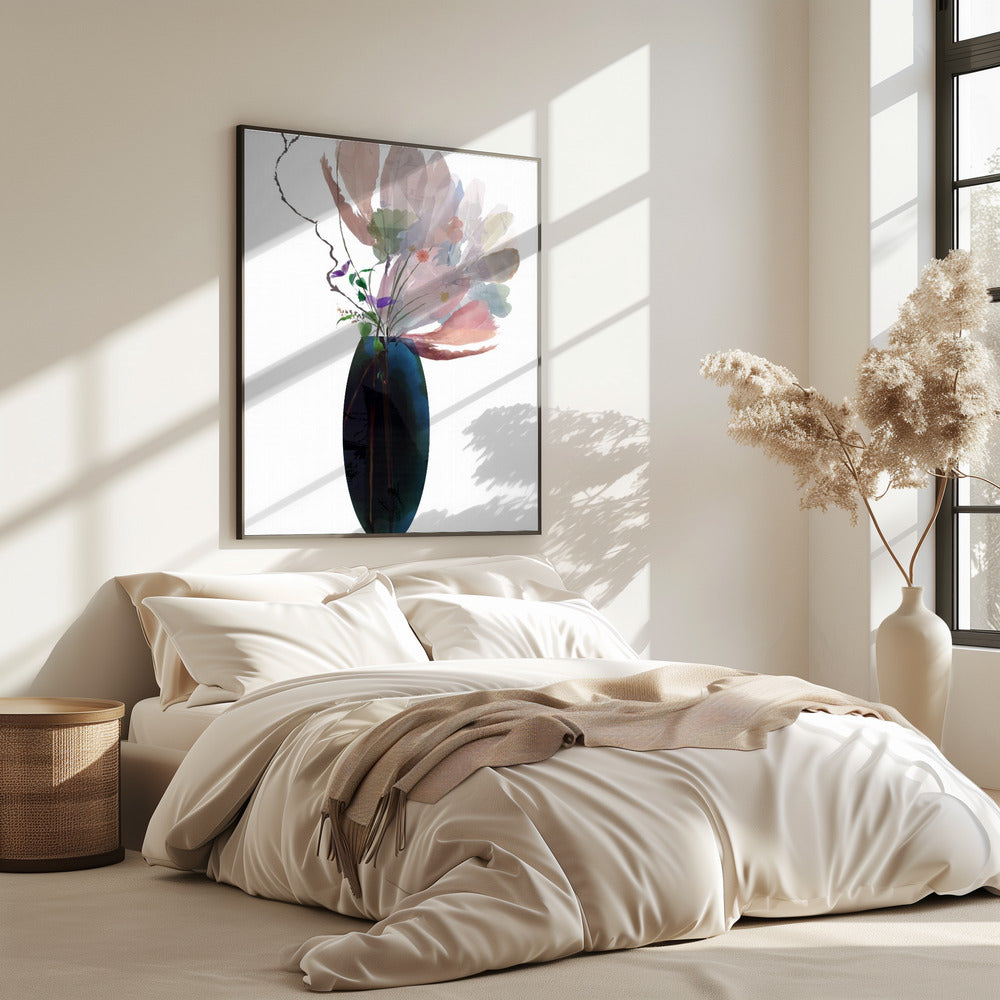 Blush Pink Floral In Blue Glass Vase | Poster