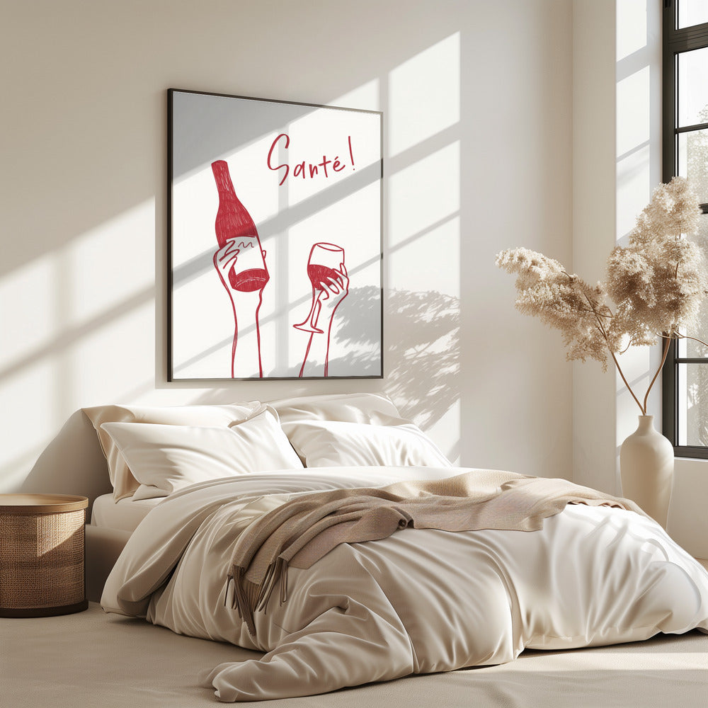 Hands holding a wine bottle and a wine glass with the text "Cheers!" in French | Poster