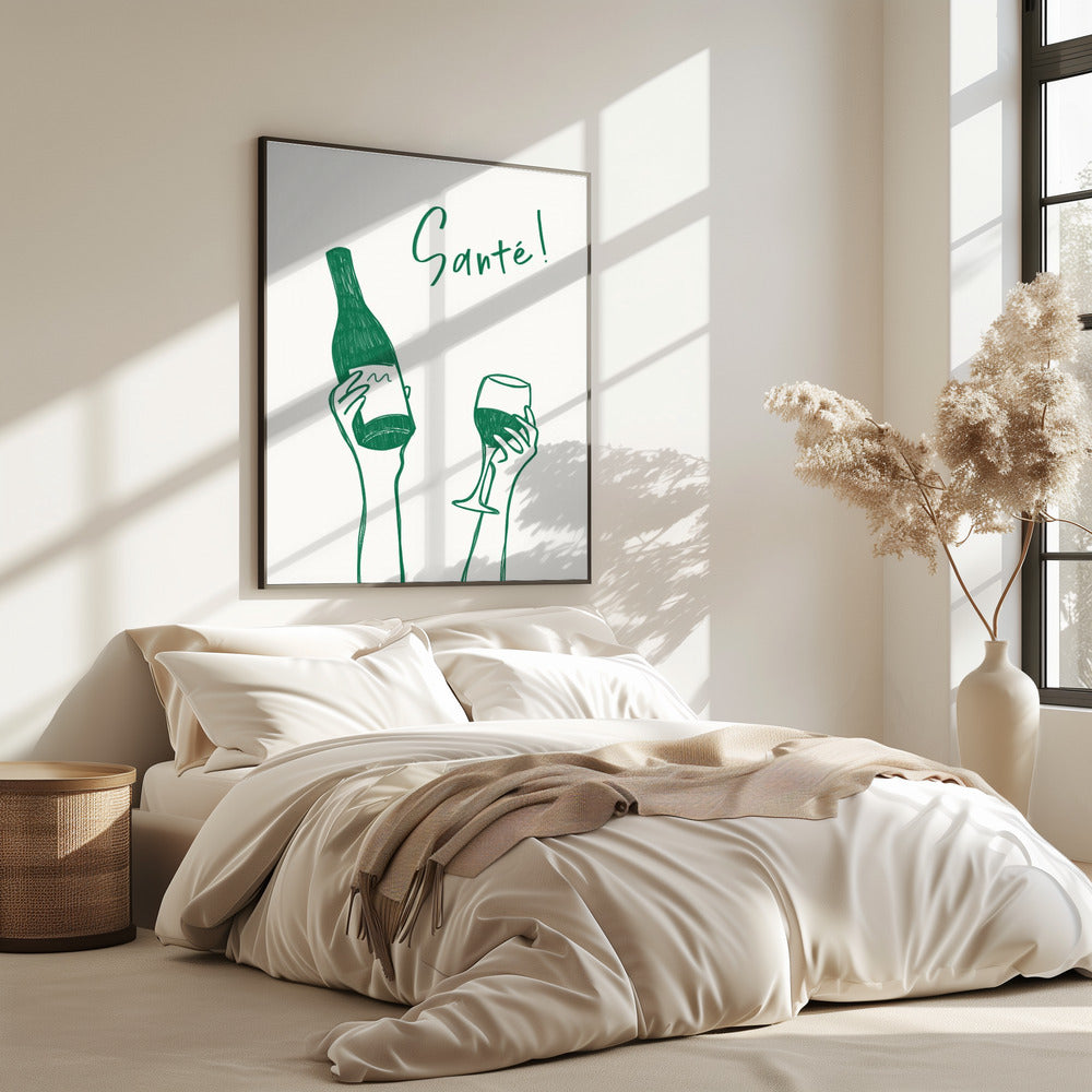 Hands holding a wine bottle and a wine glass with the text "Cheers!" in French | Poster