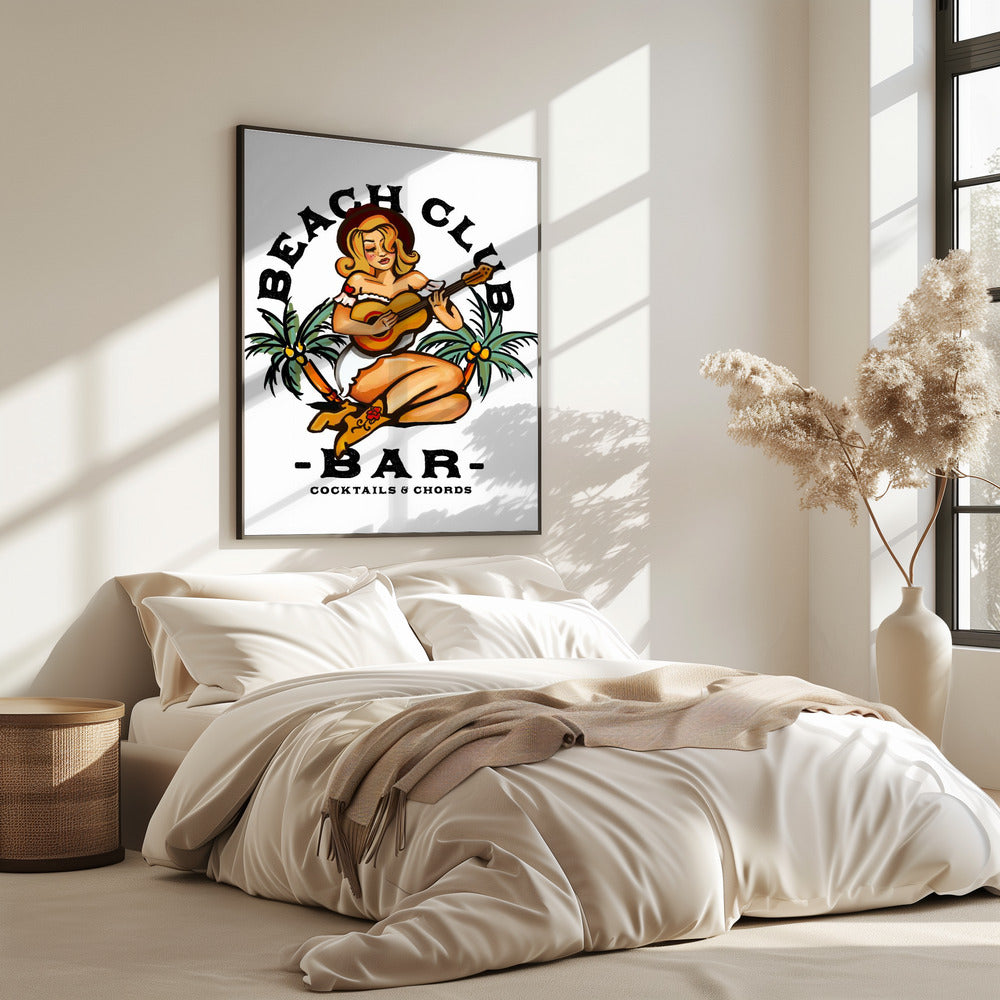 Beach Club Bar. Sailor Jerry Style Pin-up Girl Playing Guitar | Poster
