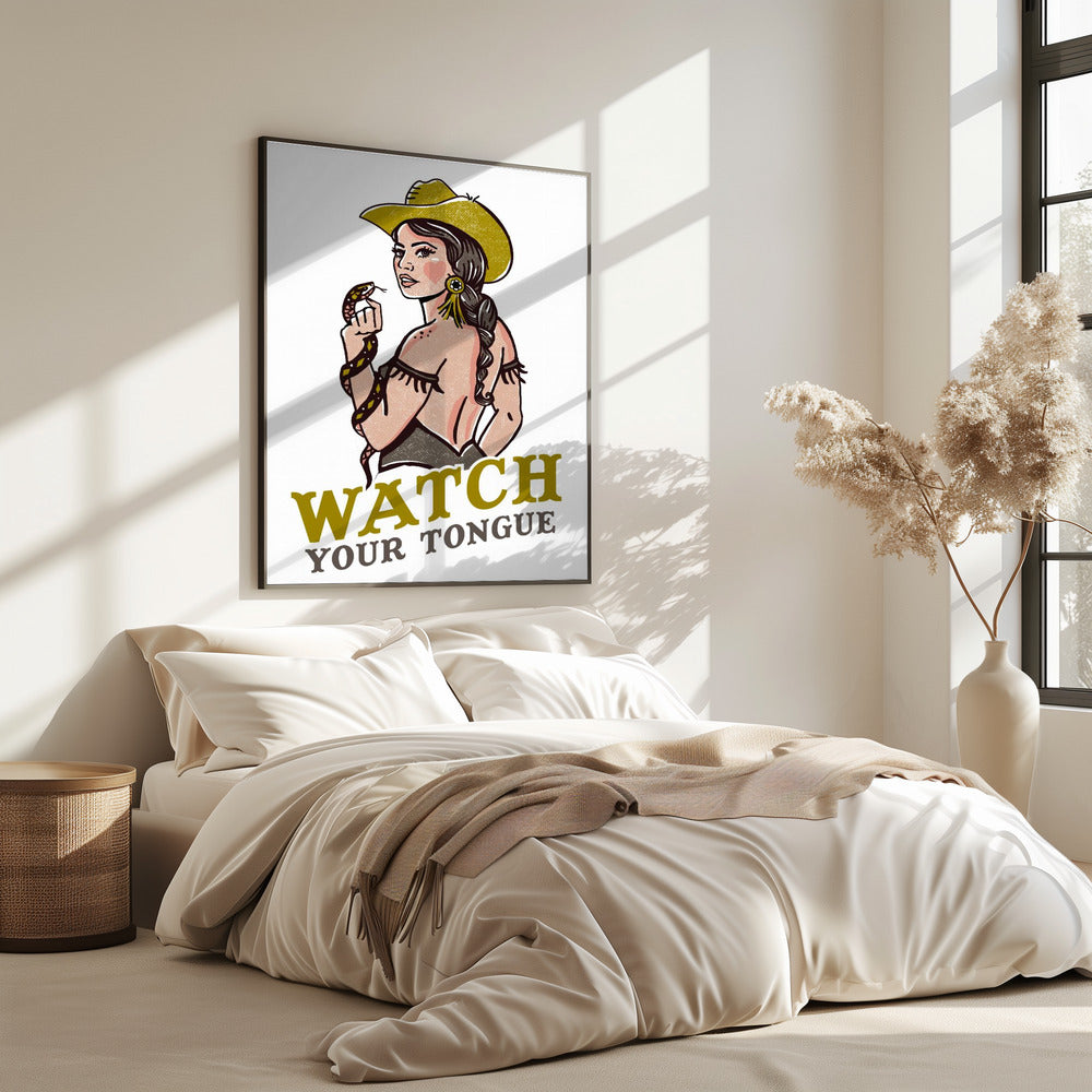 Watch Your Tongue Badass Pin-Up Cowgirl & Rattlesnake | Poster