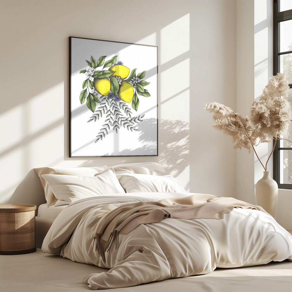 Lemons and Green leaves with Delicate White Blossoms | Poster