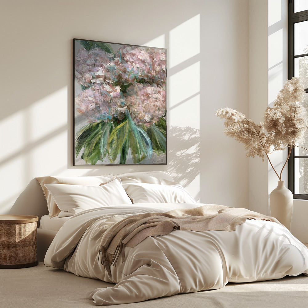 Pink Hydrangeas with Green Leaves | Poster