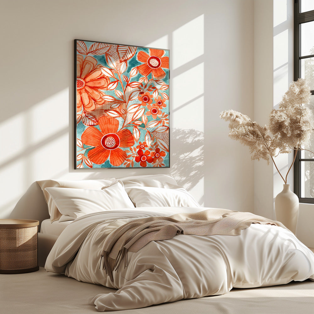 Red Daisies With Aqua | Poster