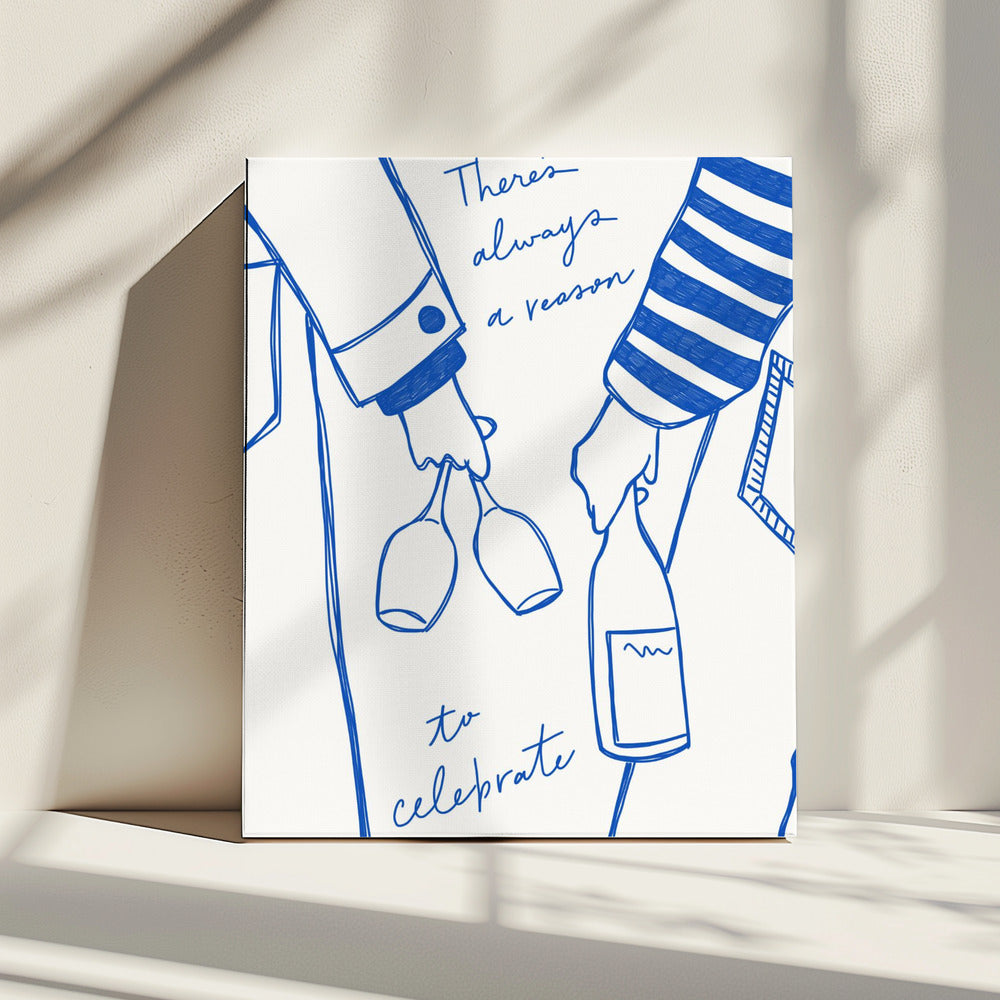 Woman holding wine bottle and wine glass (Blue) - Wine Vin Femme Bleu | Canvas