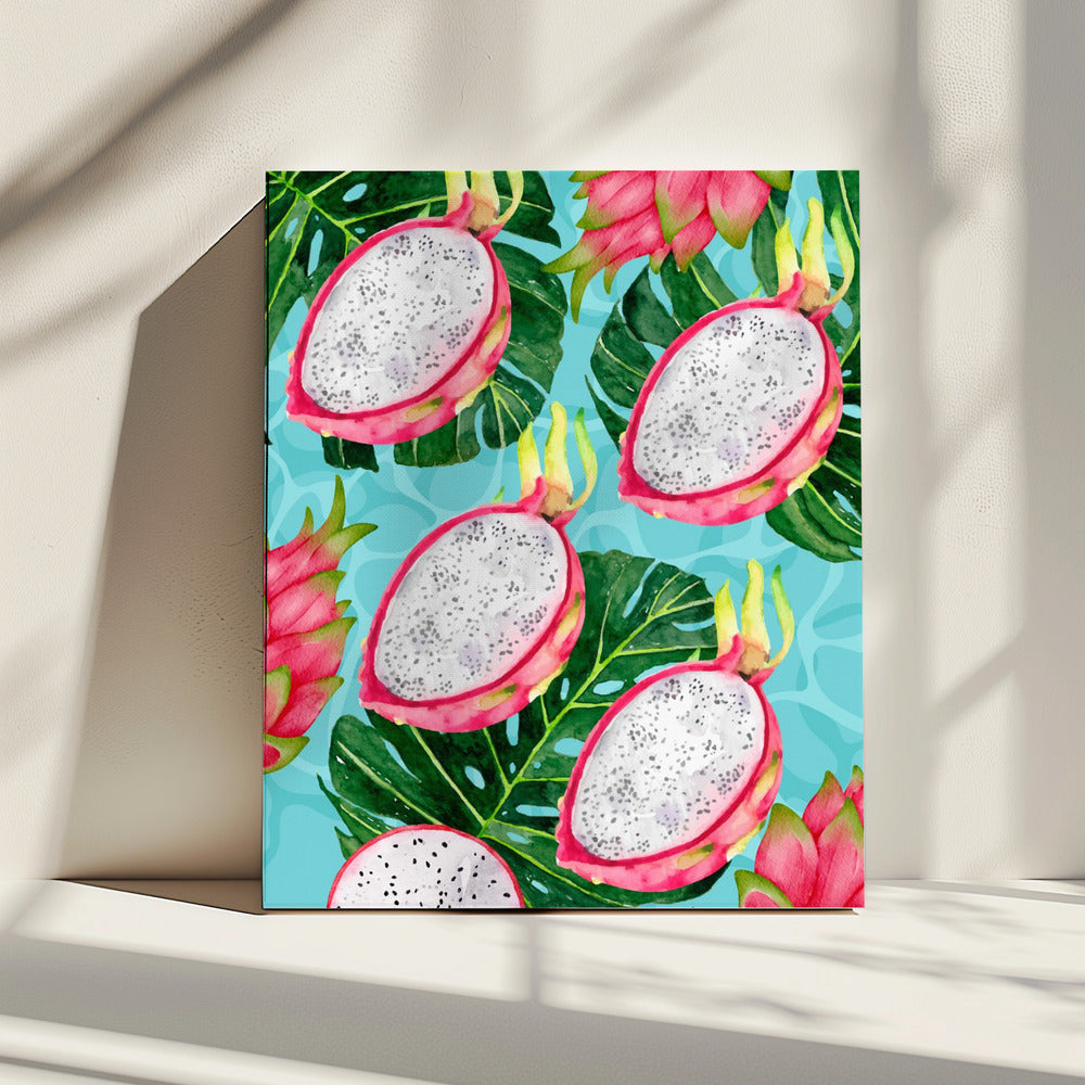 Vibrant Dragon Fruit & Monstera Leaves Aesthetic Pattern - Exotic Tropical watercolor | Canvas