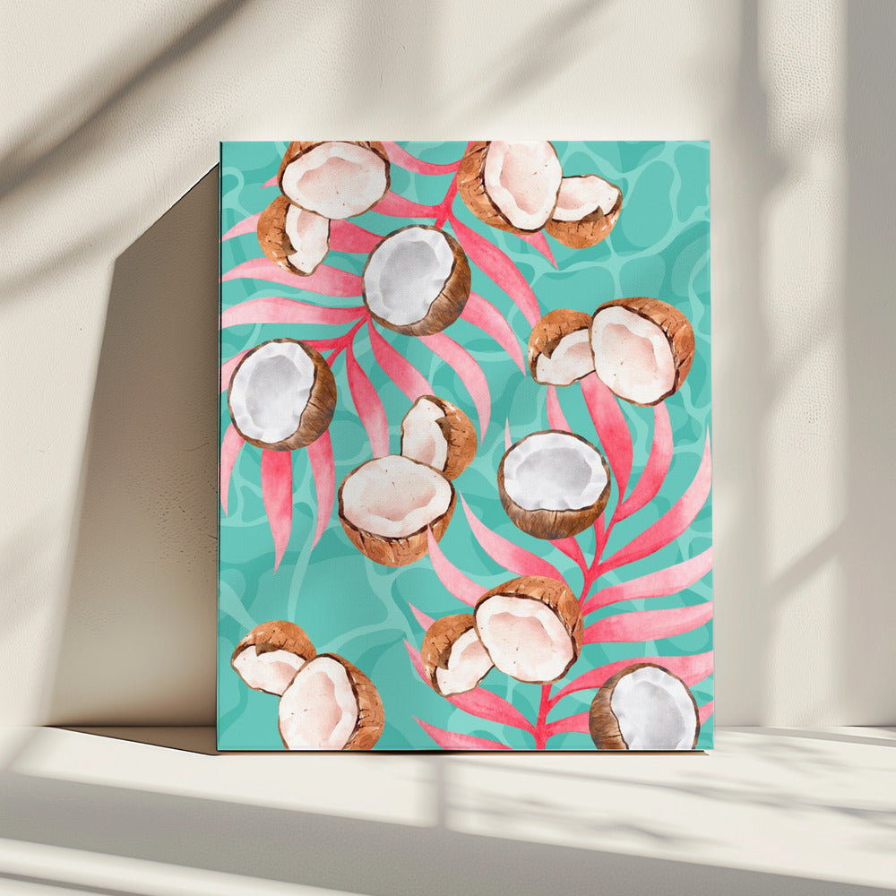 Pink Tropical Coconut & Palm Leaves Aesthetic Pattern - Modern watercolor | Canvas