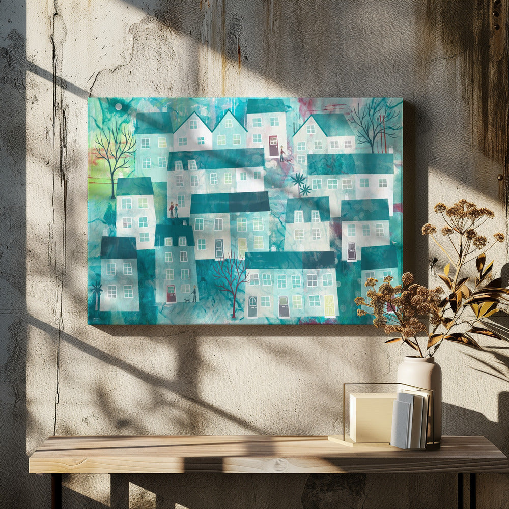 Whimsical Village Scene With Stylized Houses | Canvas