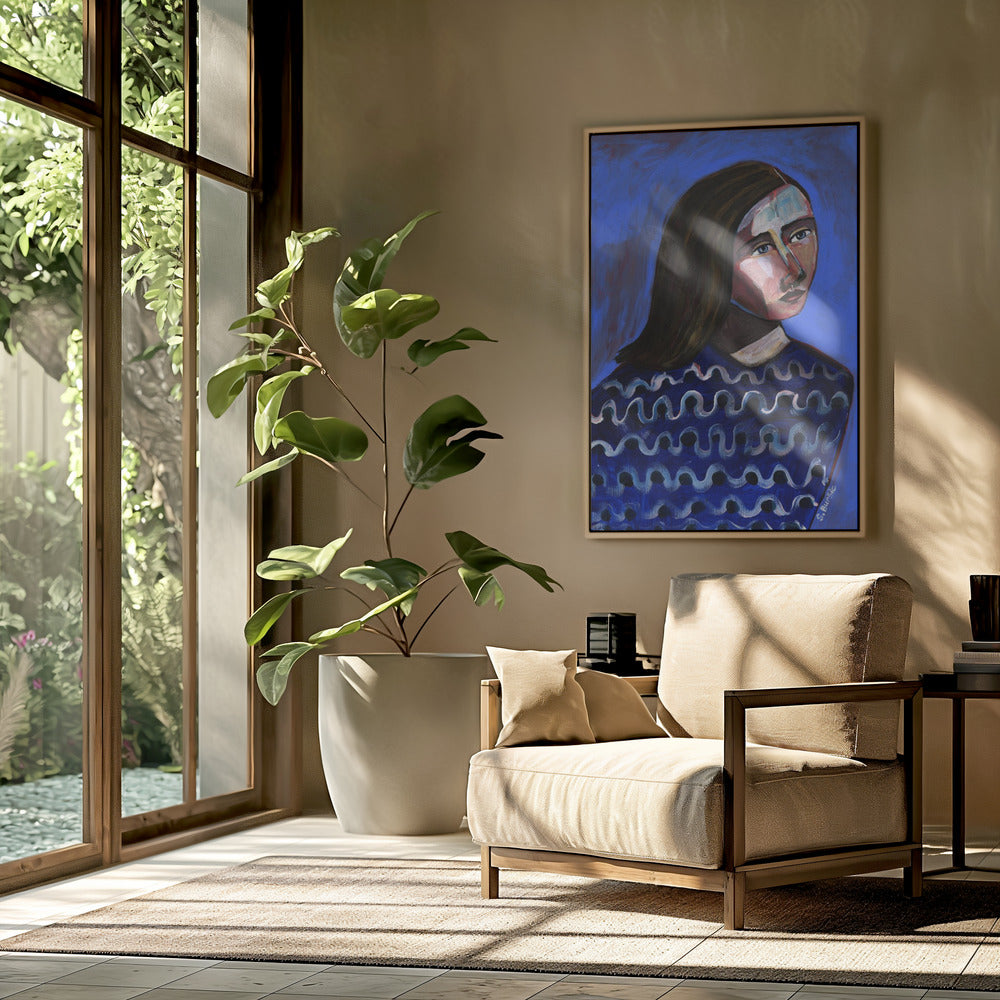 Woman in Blue Sweater Naive Portrait Figurative | Poster