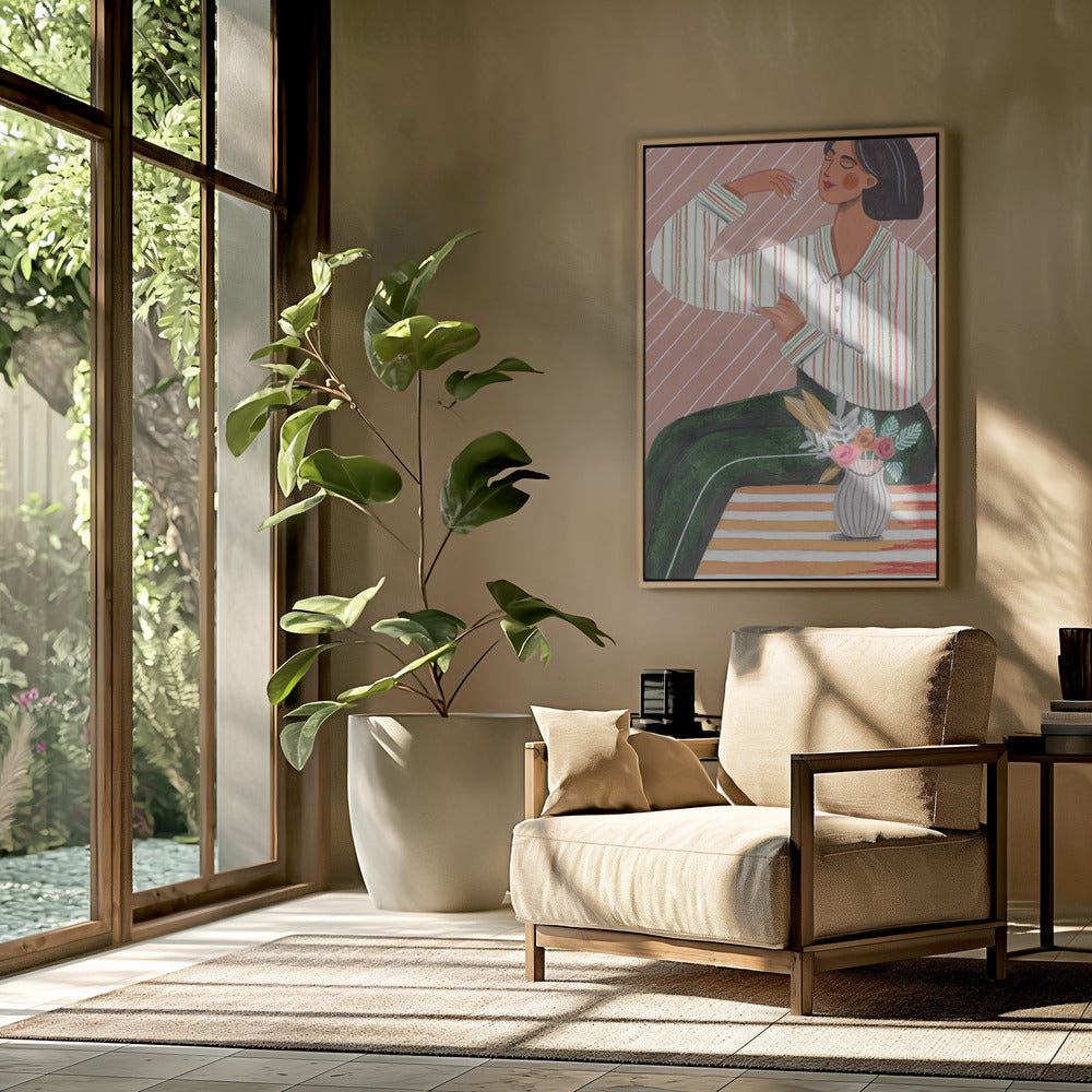 Woman in Stripes Shirt and Green Pants | Poster