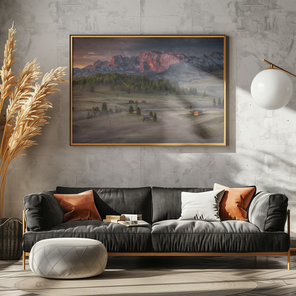Burning mountains over the frozen valley | Poster