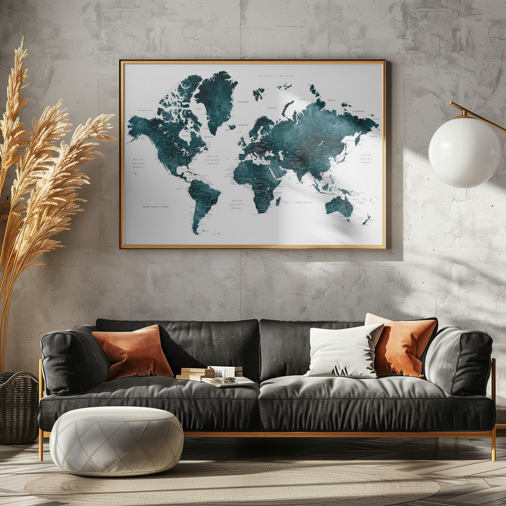 Dark teal world map with cities, Makani | Canvas