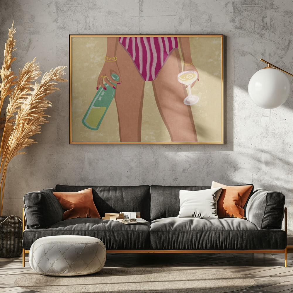 Girl with wine at the beach | Poster