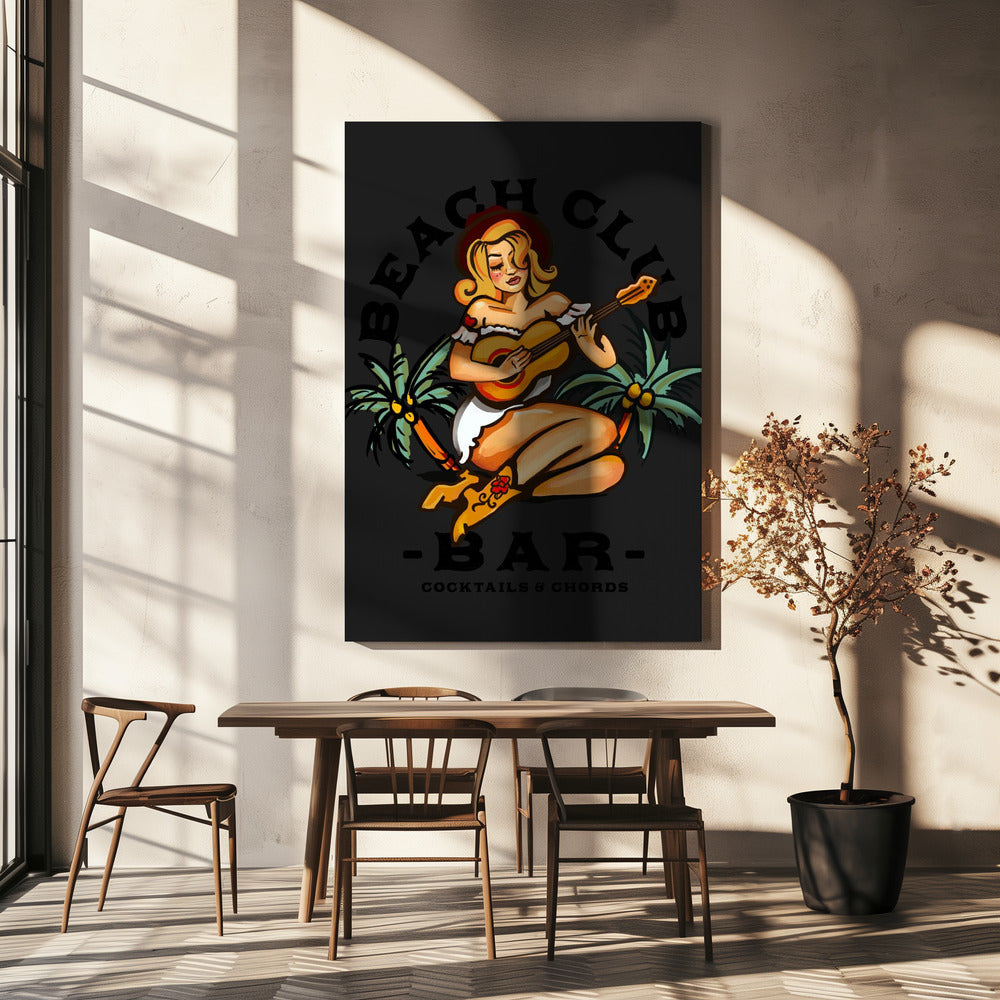 Beach Club Bar. Sailor Jerry Style Pin-up Girl Playing Guitar | Canvas
