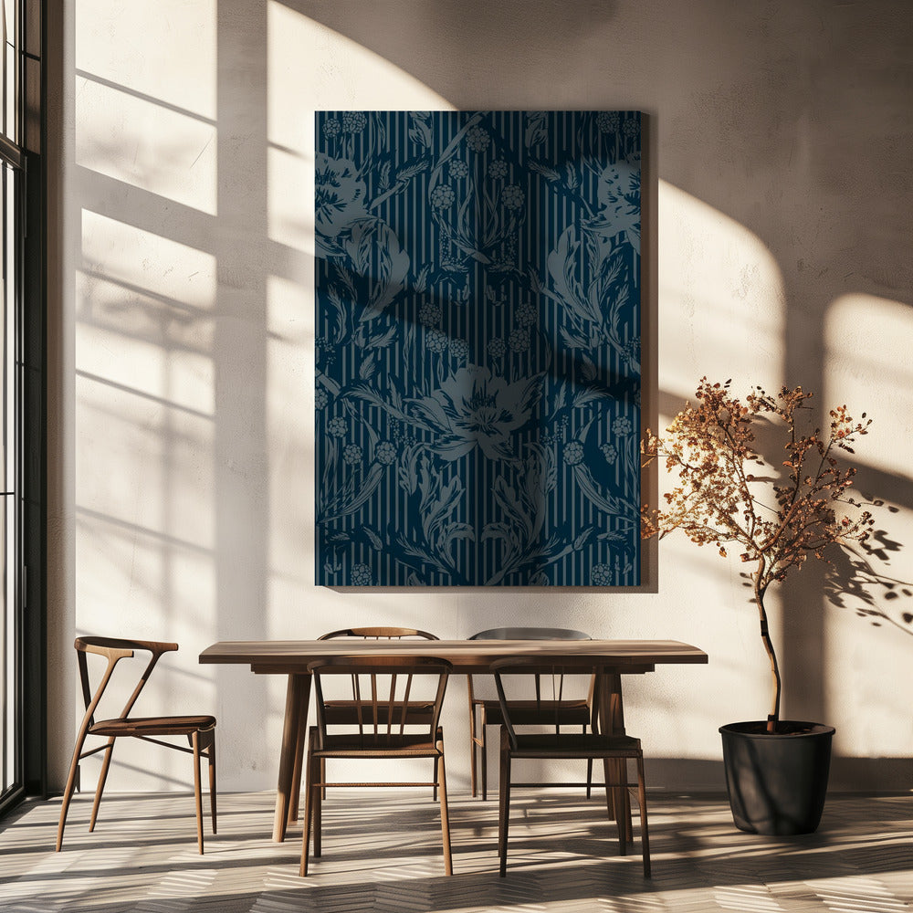 Floral Heritage Morris monochrome stripes moonshine blue pattern | Canvas