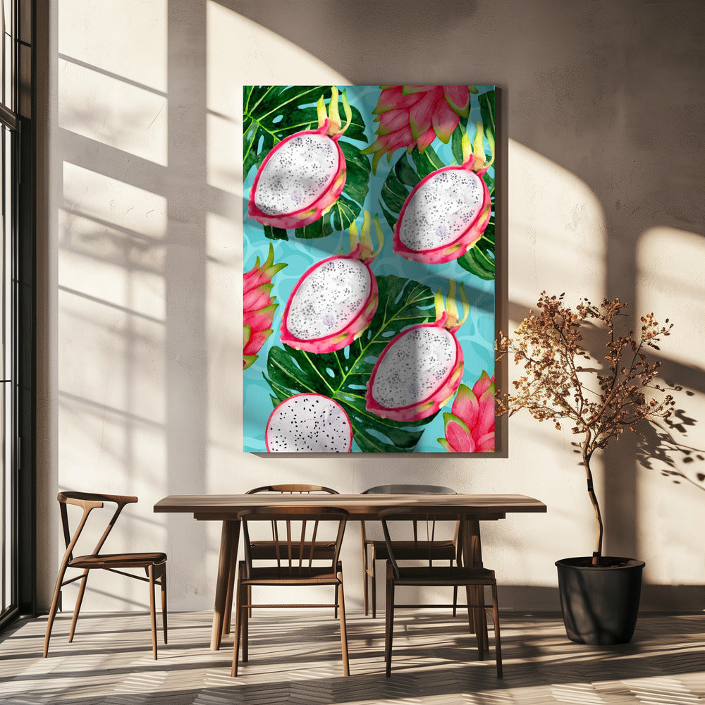 Vibrant Dragon Fruit & Monstera Leaves Aesthetic Pattern - Exotic Tropical watercolor | Canvas