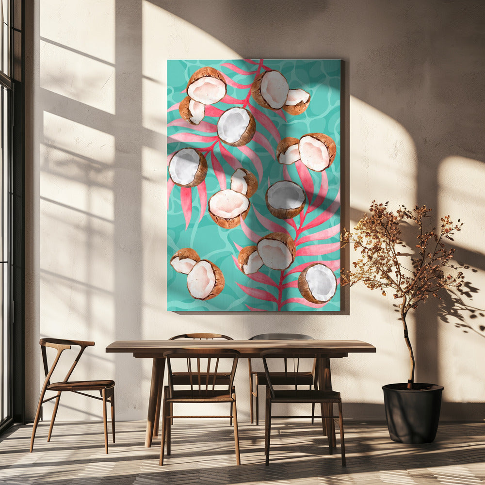 Pink Tropical Coconut & Palm Leaves Aesthetic Pattern - Modern watercolor | Canvas