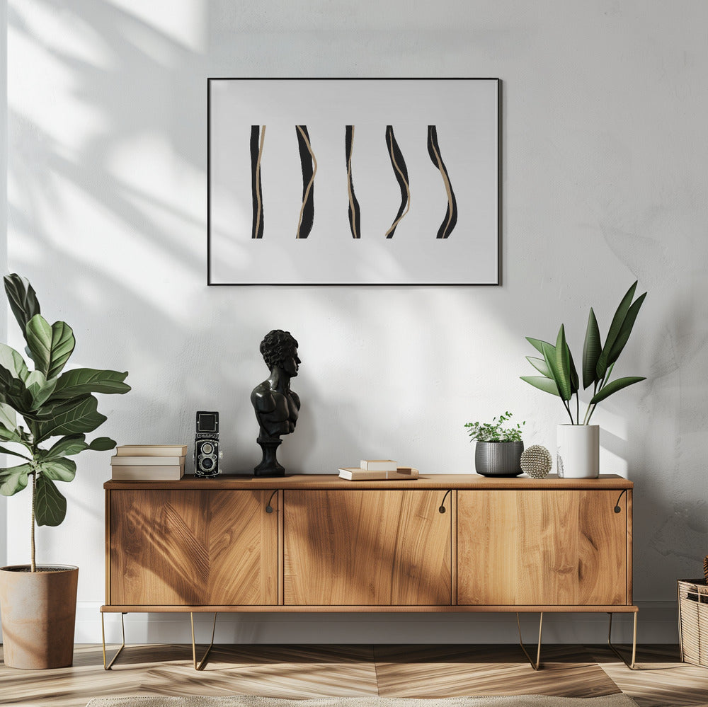 Black And Beige Wavy Lines On A White Background | Poster