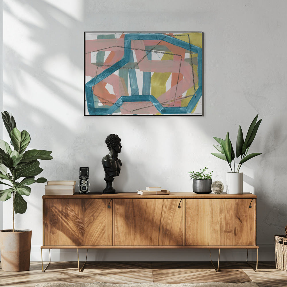 Blue & Pink Abstract Lines Art Print | Poster