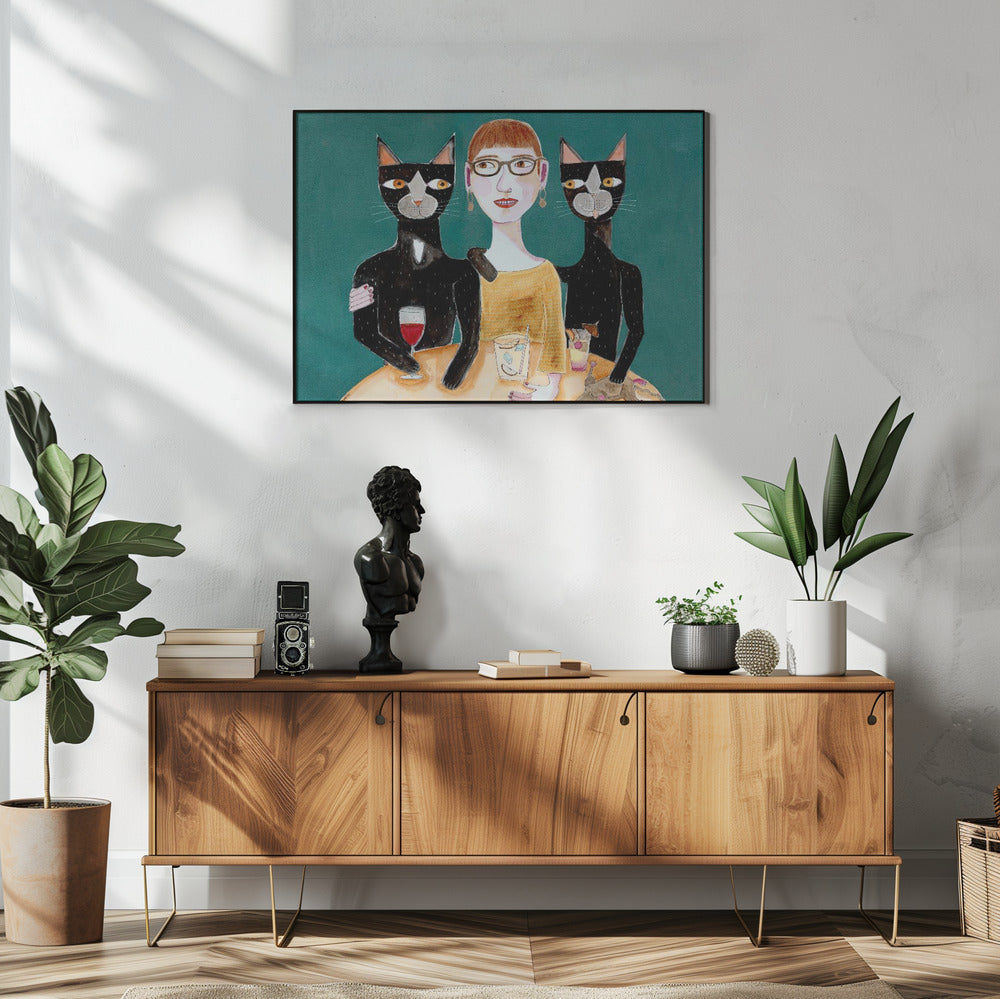 Lady with her two black cats having drinks | Poster