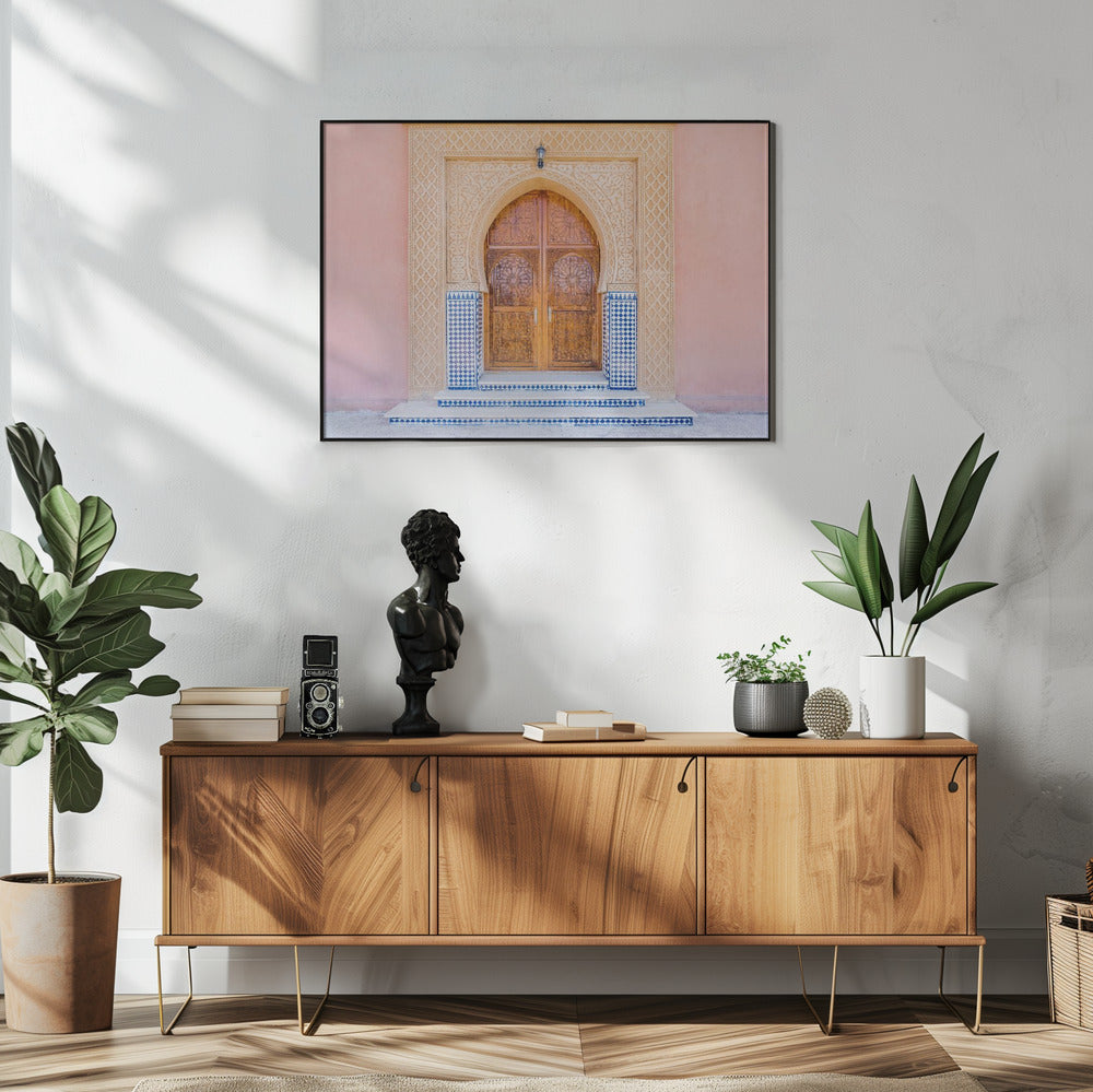 Brown door, blue tiles, pink wall in Morocco | Poster