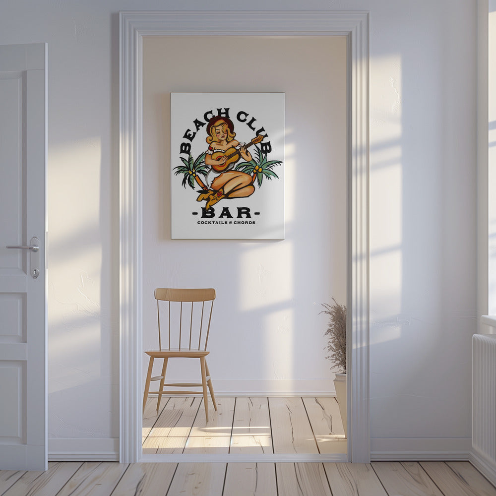 Beach Club Bar. Sailor Jerry Style Pin-up Girl Playing Guitar | Canvas