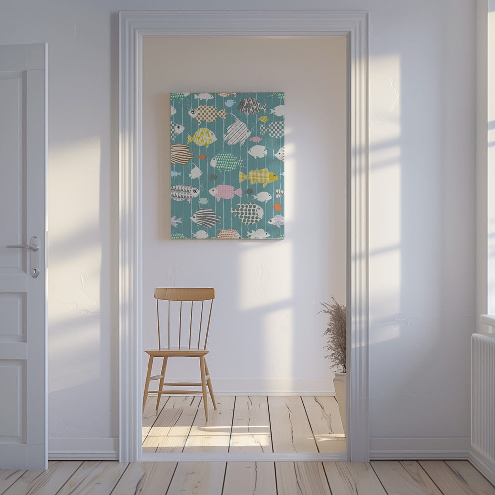 Fresh fish on teal pattern | Canvas