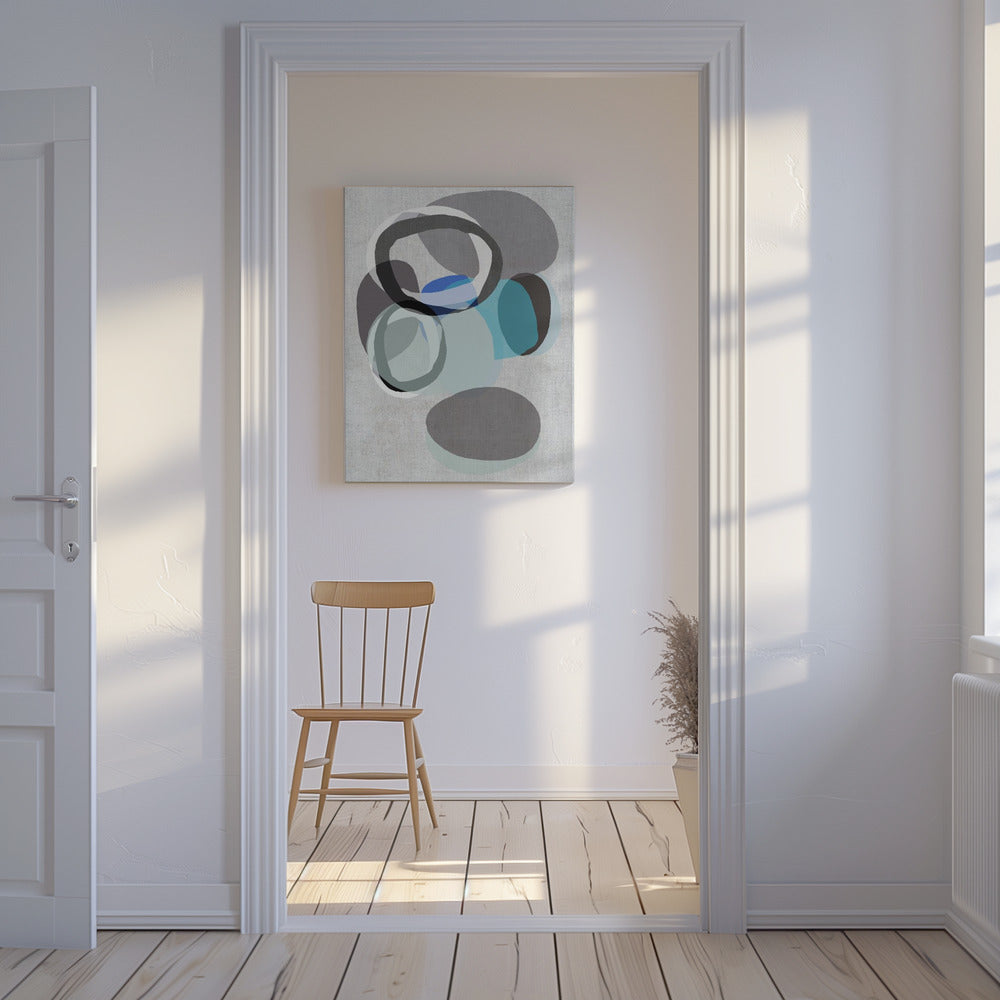 Abstract Shapes in Blues, Greys and Black Rings | Canvas