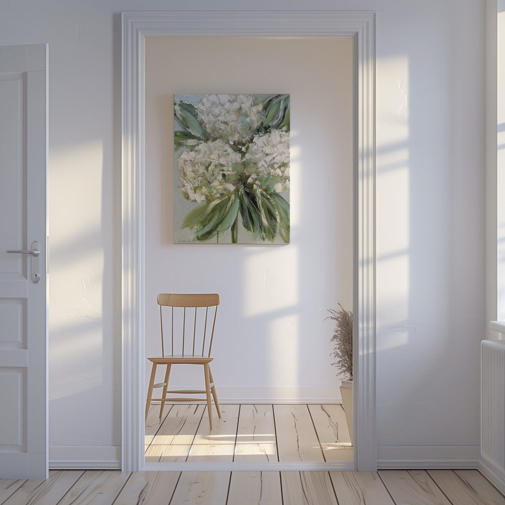 White Hydrangeas with Lush Green Leaves | Canvas