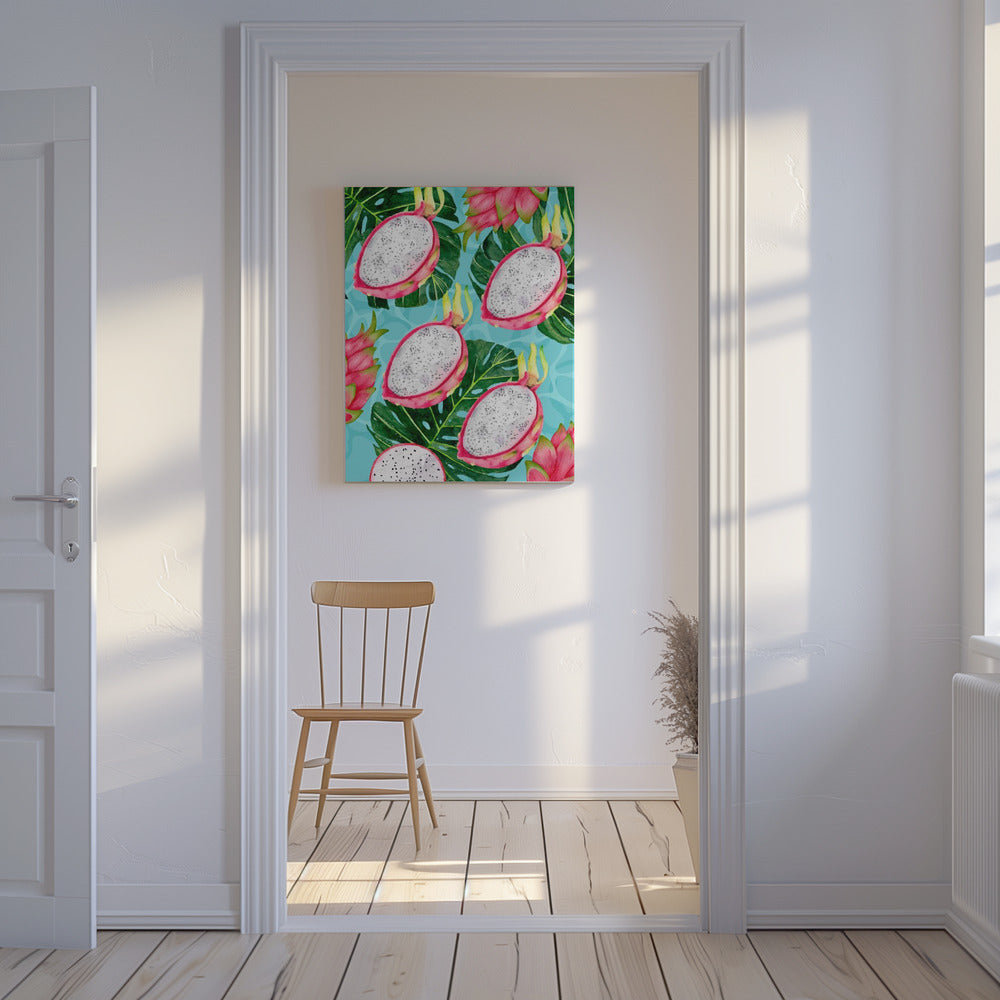 Vibrant Dragon Fruit & Monstera Leaves Aesthetic Pattern - Exotic Tropical watercolor | Canvas