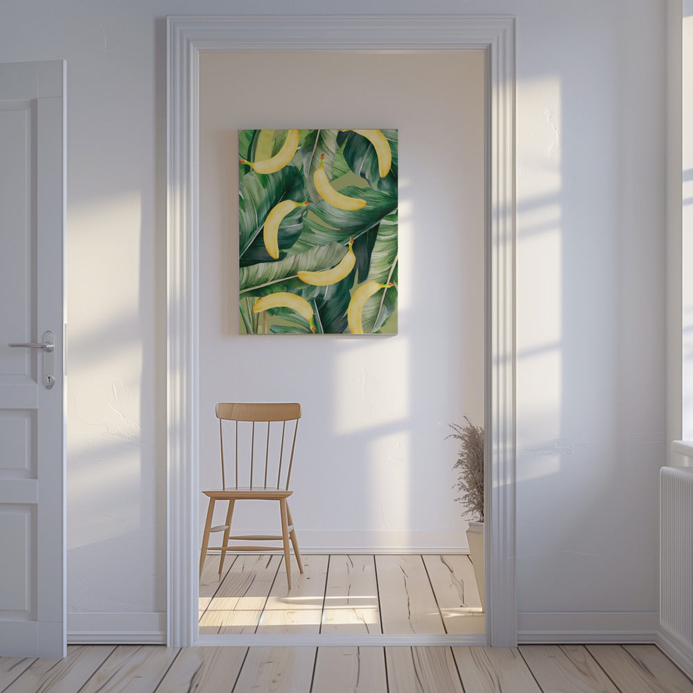Fresh Banana & Lush Tropical Leaves Aesthetic Pattern - Natural Watercolor Design | Canvas