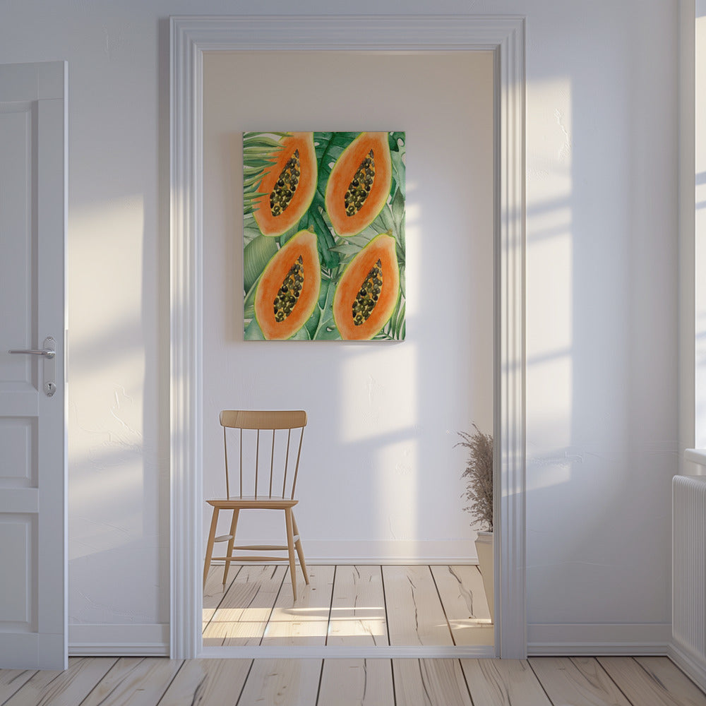 Exotic Papaya and Lush Green Leaves Aesthetic Pattern - Tropical Botanical Watercolor | Canvas