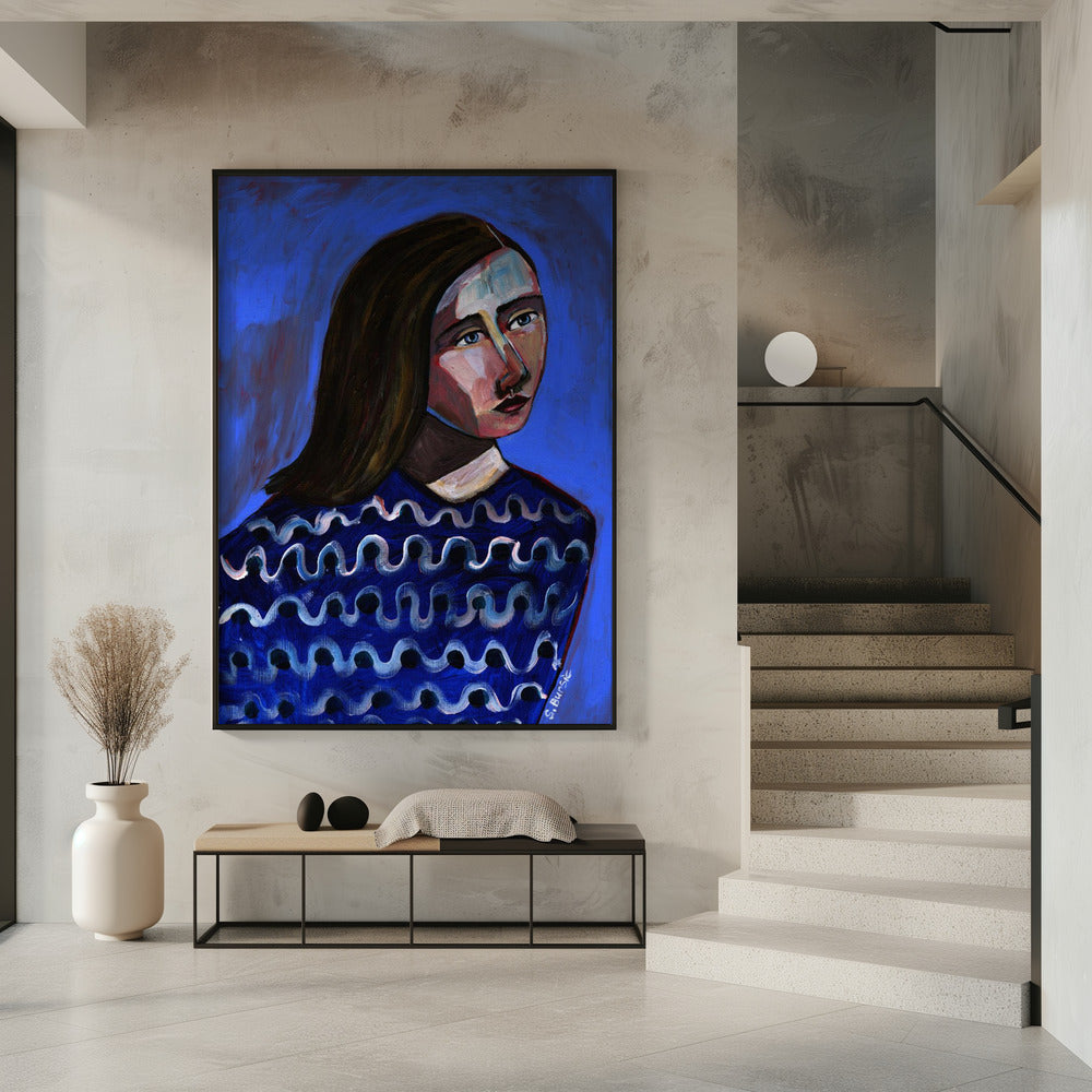 Woman in Blue Sweater Naive Portrait Figurative | Poster