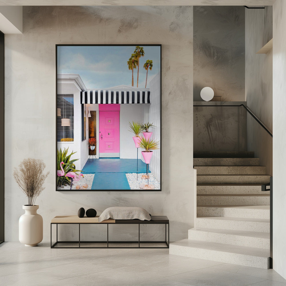 Pink Door with Yard Flamingos | Poster