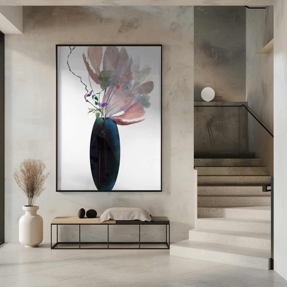 Blush Pink Floral In Blue Glass Vase | Poster