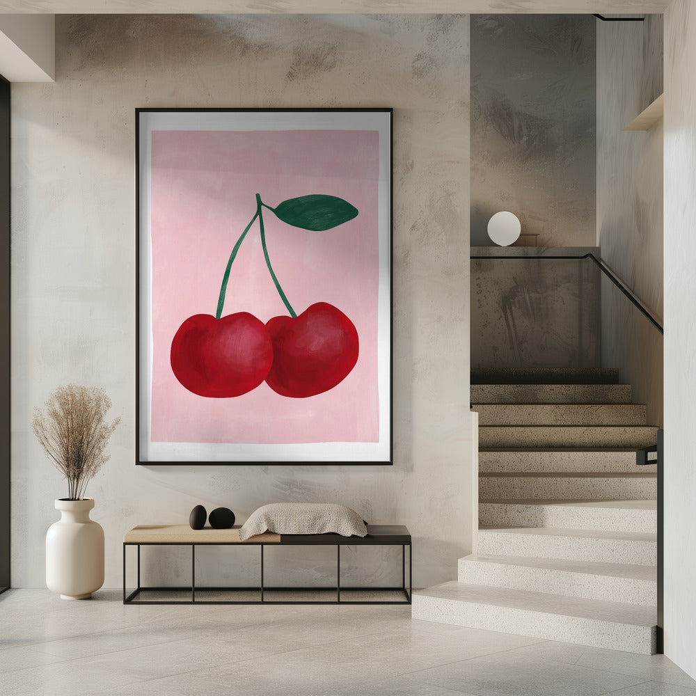 Red Cherries with a Green Leaf | Poster
